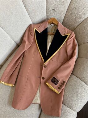 Gucci Rose Pink Blazer with Black Velvet Peak Lapel and Gold Trim